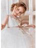 Illusion Neck Ivory Lace Tulle Slit Open Back Flower Girl Dress